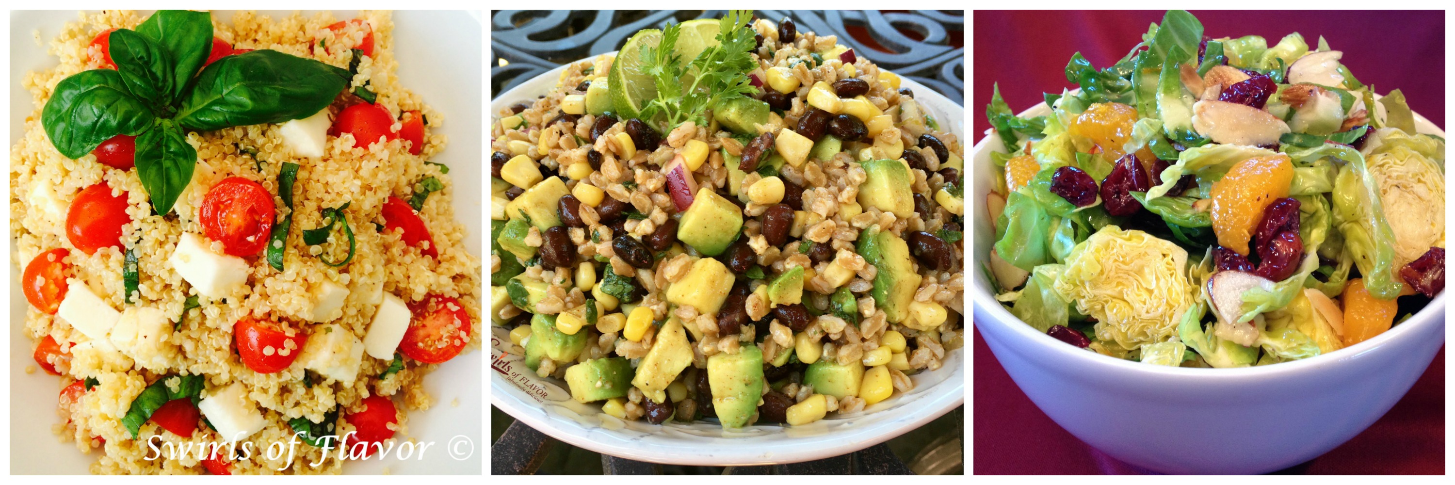 Quinoa Caprese, Black Bean can Corn Farro Salad and Brussels Sprout Salad