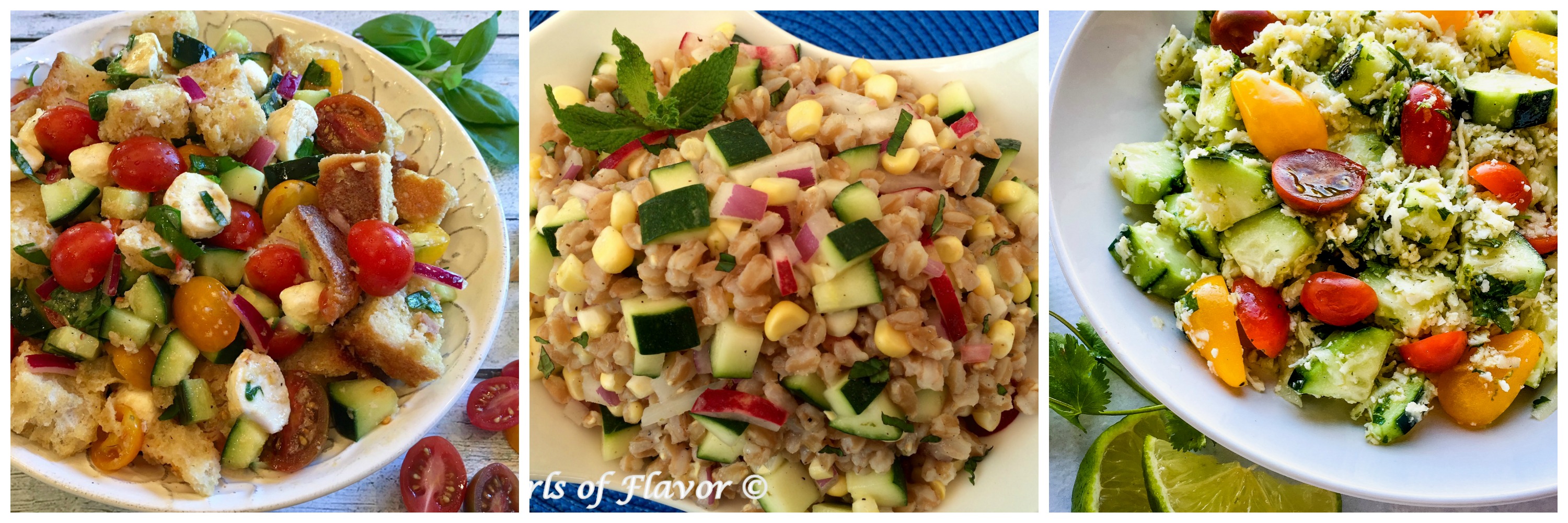 Panzanella, Zucchini Farro Salad and Cucumber Tomato Cauliflower Rice Salad