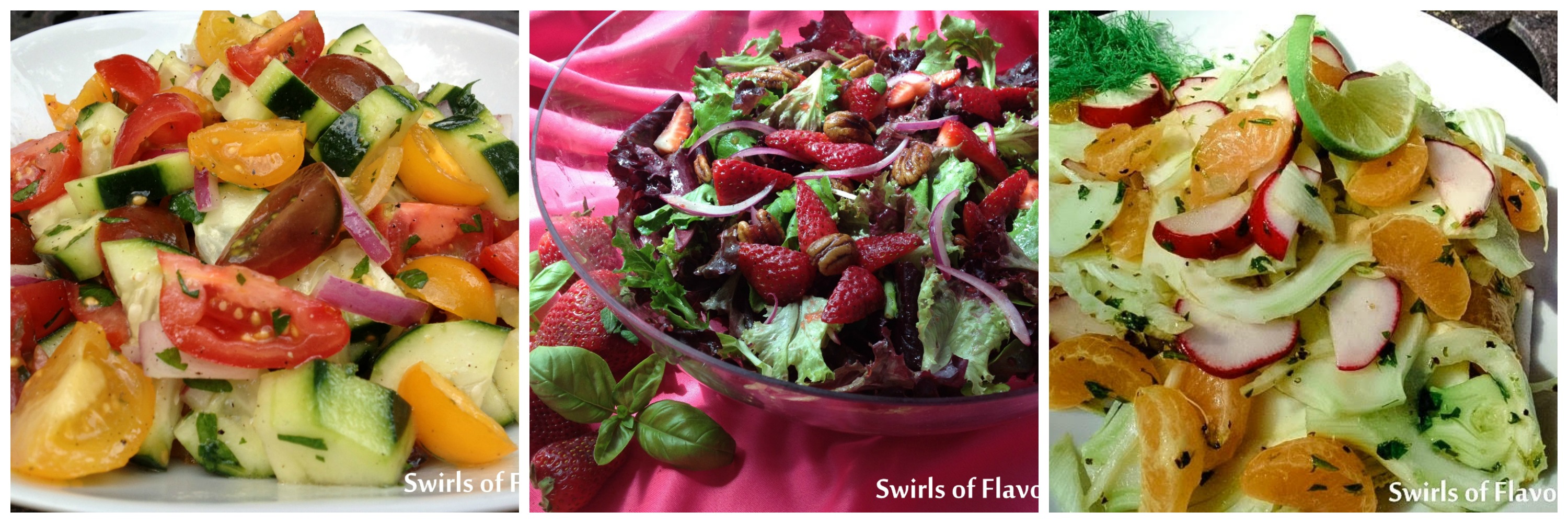 cucumber Tomato Salad, Strawberry Pecan Salad and Fresh Fennel Salad