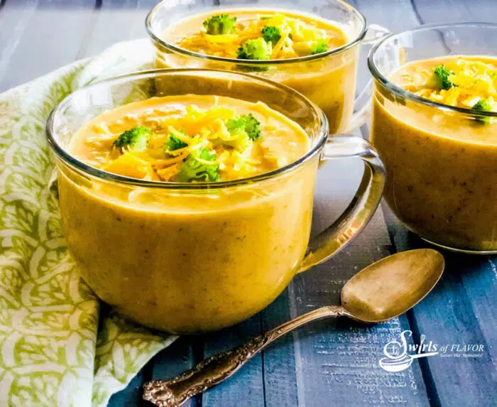 slow cooker broccoli cheddar soup in mugs