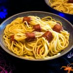 Bowl of spaghetti hot dog spiders