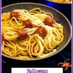 hot dog spaghetti spiders with text overlay