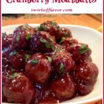 slow cooker meatballs in white dish with text overlay