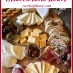 charcuterie board with spiced pecans and text overlay