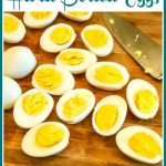 hard boiled eggs cut in half with knife and text overlay