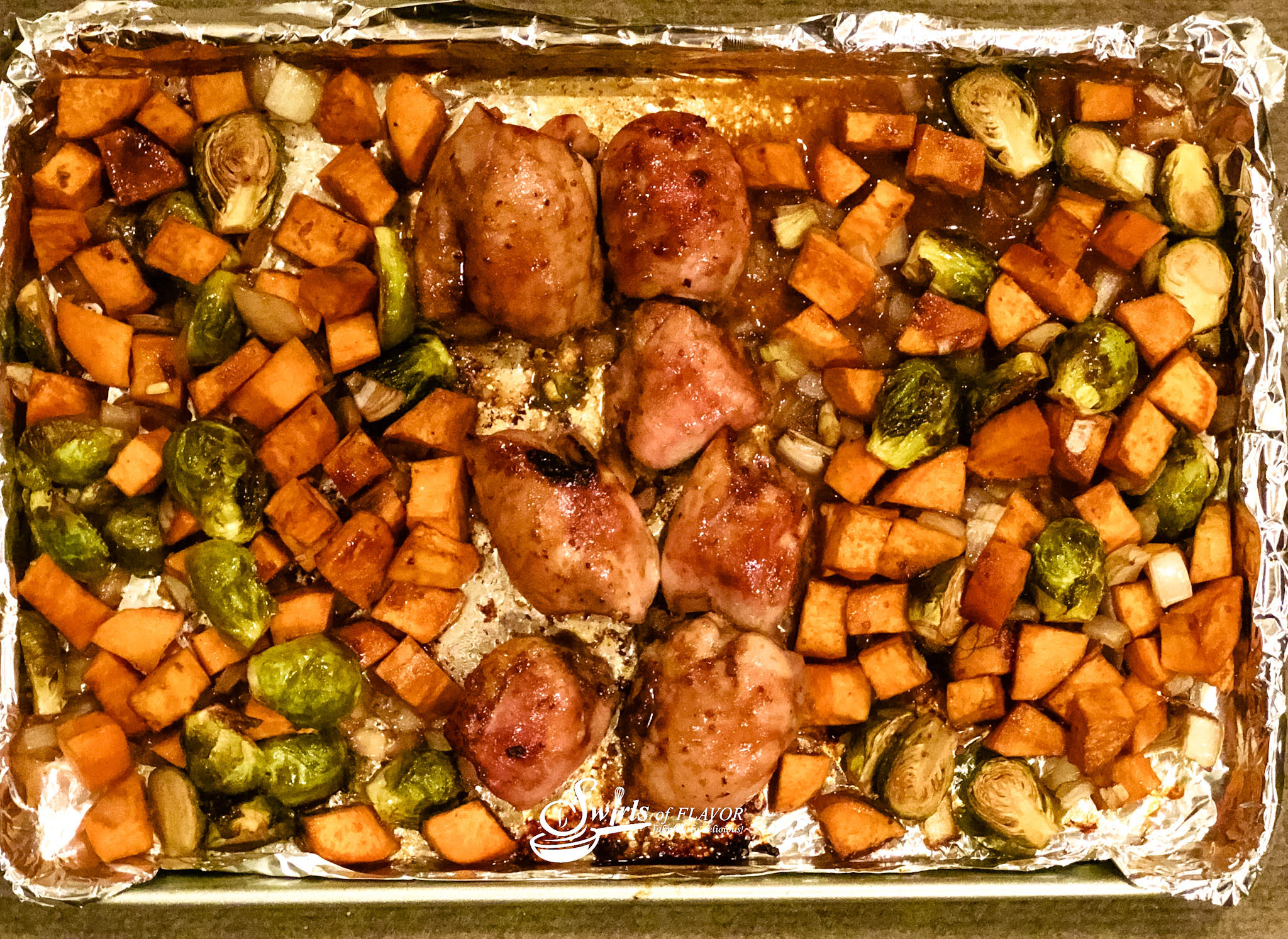 Sheet Pan Balsamic chicken in pan after cooking