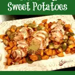 chicken with potatoes and Brussels sprouts and text overlay