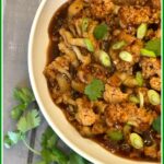bowl of cauliflower with general tso sauce and text overlay