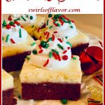 red velvet cheesecake brownies with holiday sprinkles and text overlay
