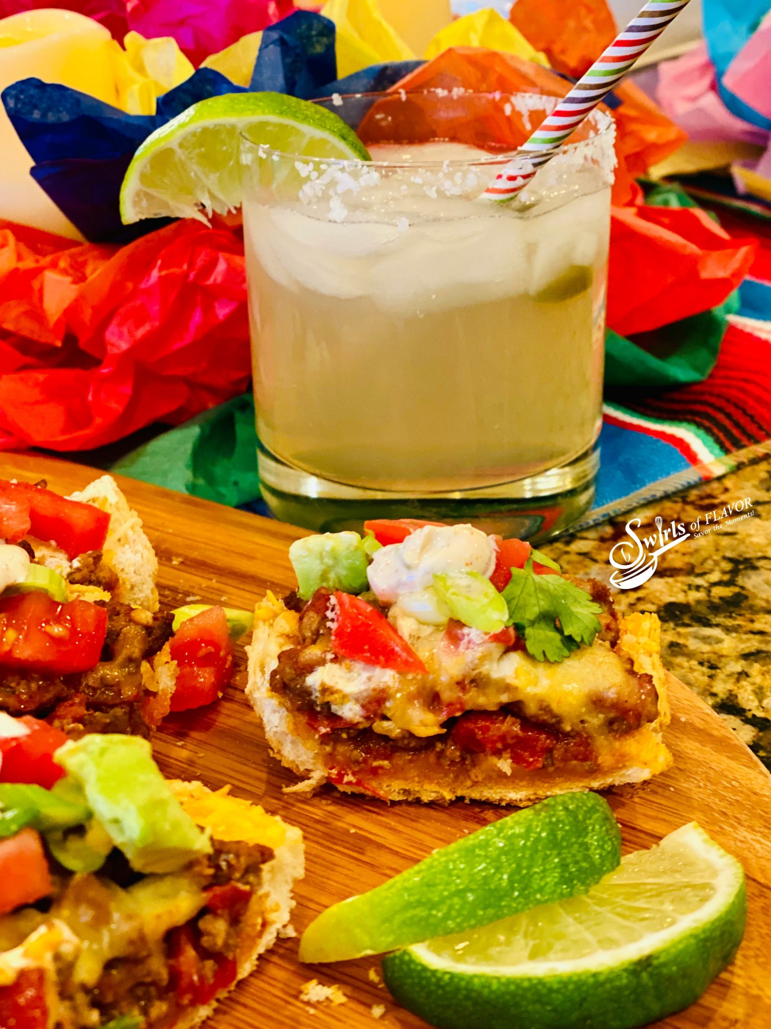 taco bread apperizer servings with a glass of margarita