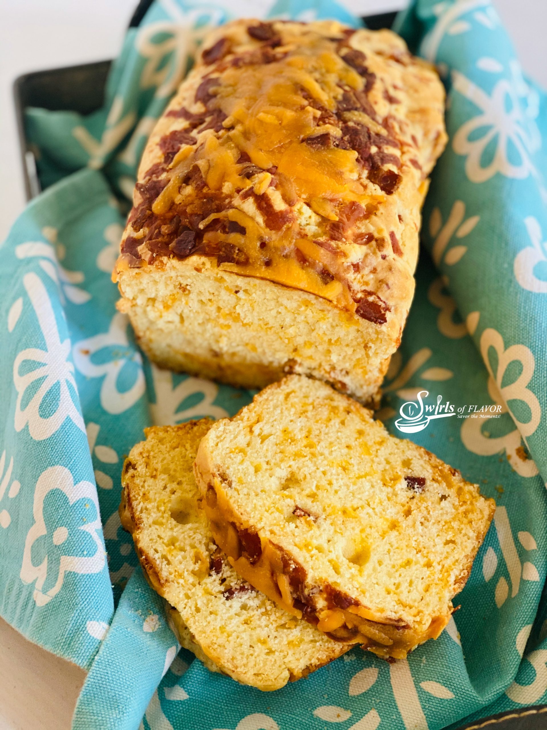 Bacon cheddar Cheese Bread in basket overhead