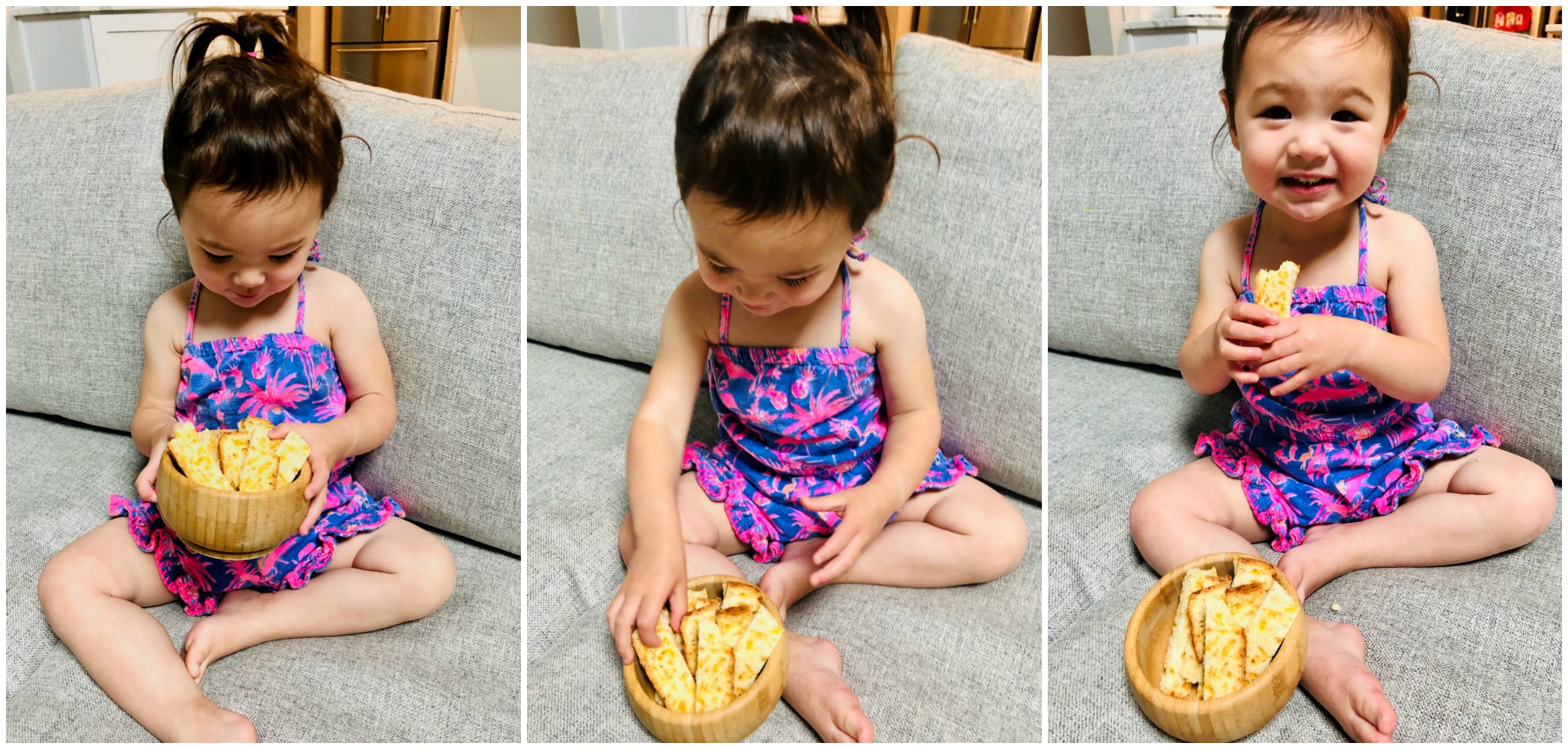 Three pictures of little girl with pieces of cheddar bacon bread