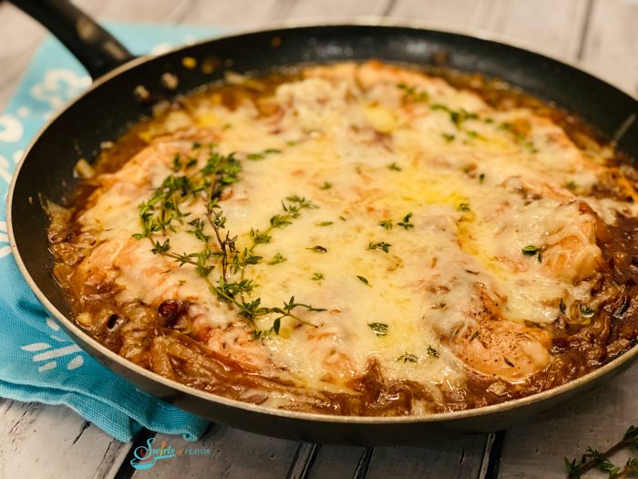 french onion chicken in a skillet