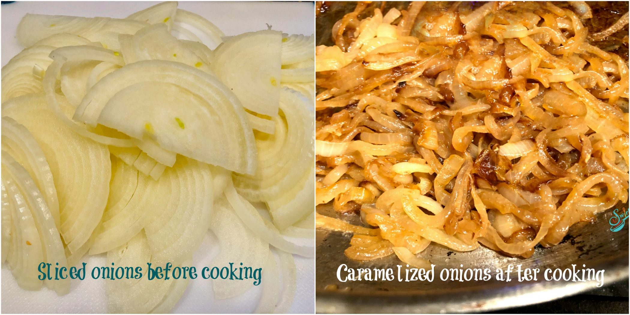 Onions before and after caramelizing