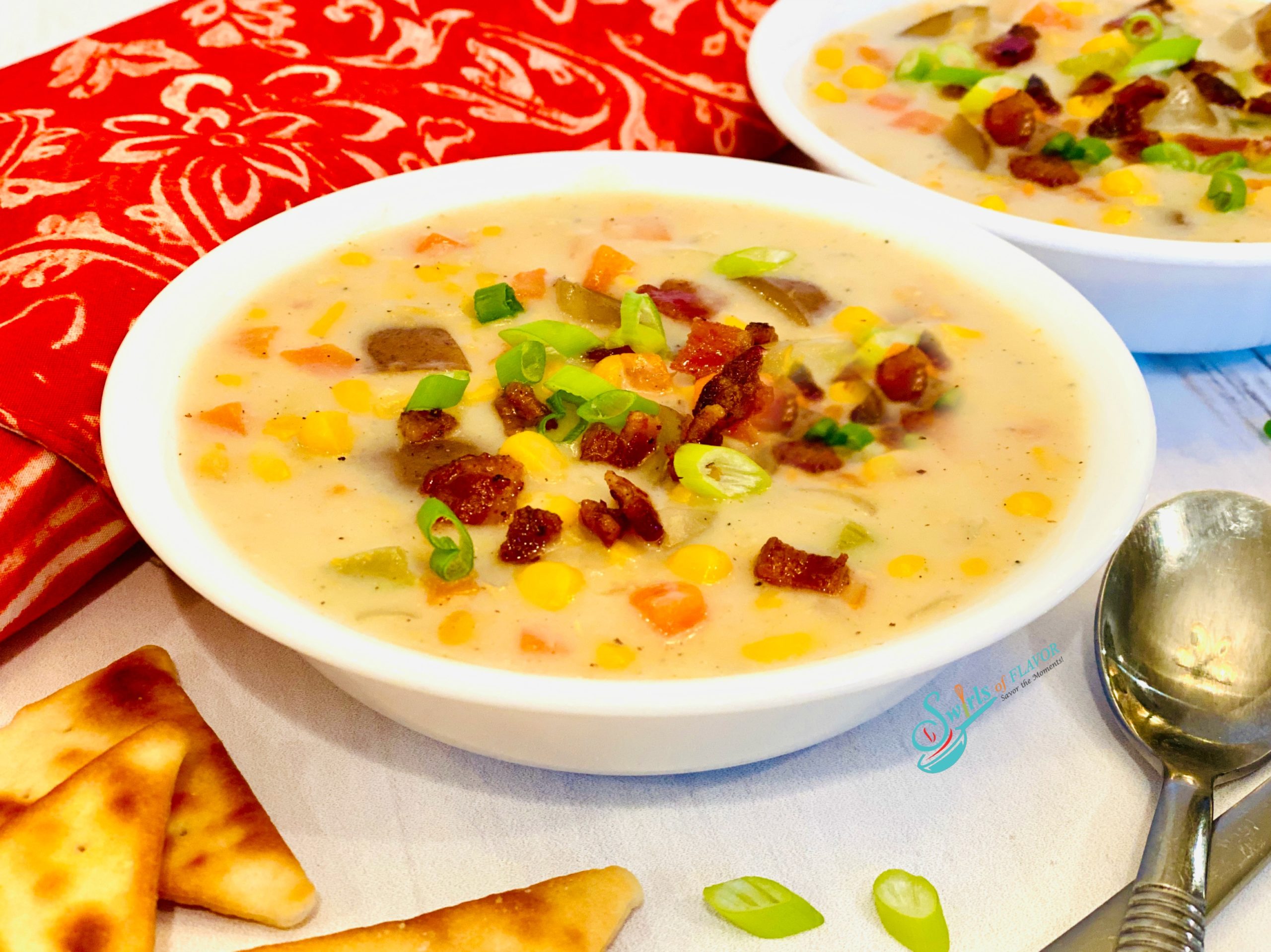 Creamy Potato Corn Chowder with Bacon in a bowl