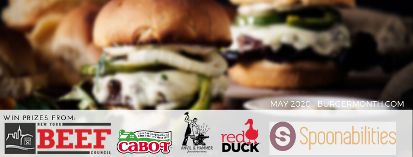 Burger Month 2020 banner with photo of hamburgers and burger month sponsor logos