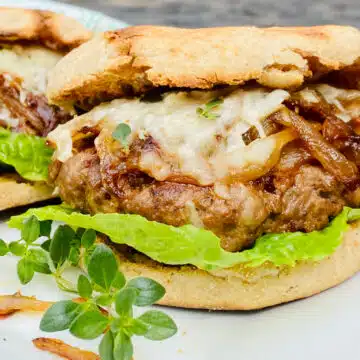 french onion burger on an english muffin