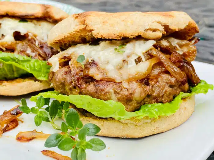 french onion burger on an english muffin