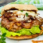 Frrench Onion Soup Hamburger on a white dish