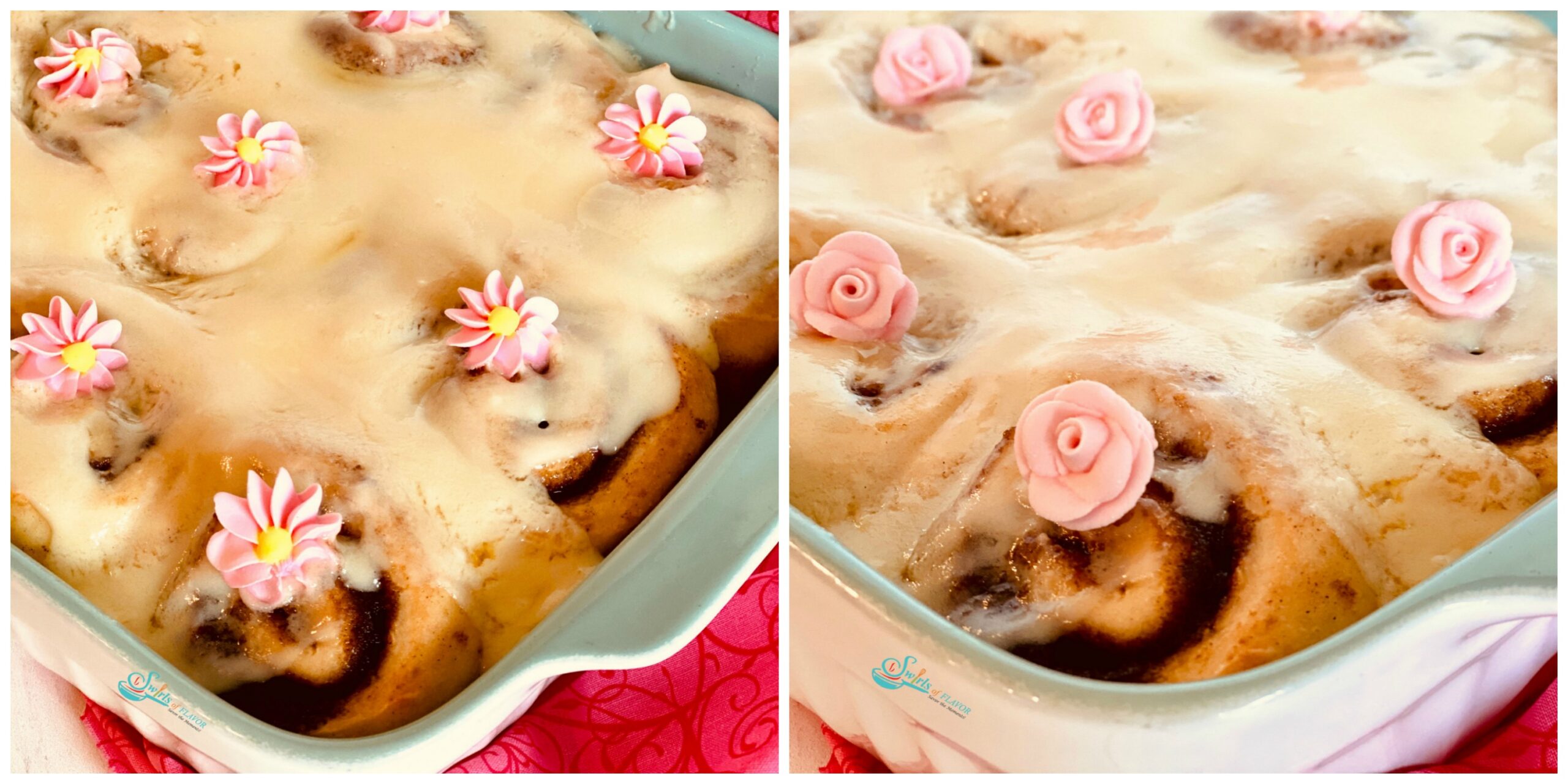 Cinnamon rolls decorated with sugar flowers
