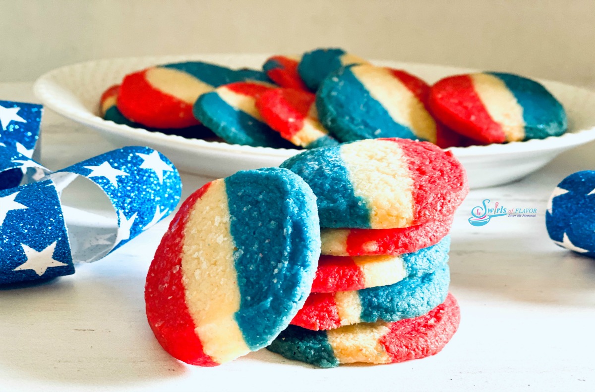 Stack of red white and blue cookies