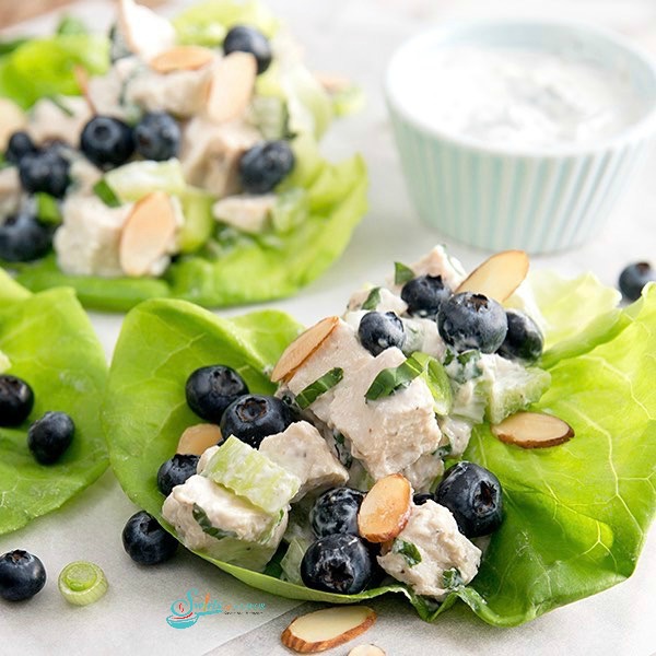 Chicken Salad with blueberries and almonds in a lettuce leaf
