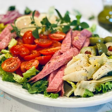 Chopped Italian salad on a white platter