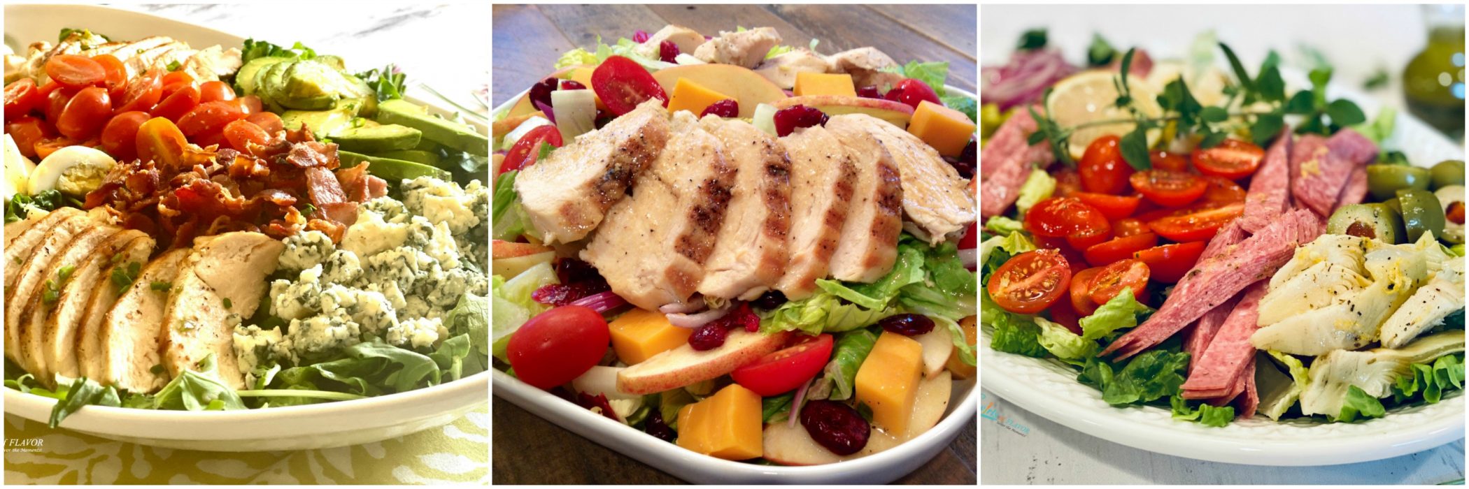 Left to Right: Cobb Salad; Apple Cheddar Chicken Salad; italian Chopped Salad