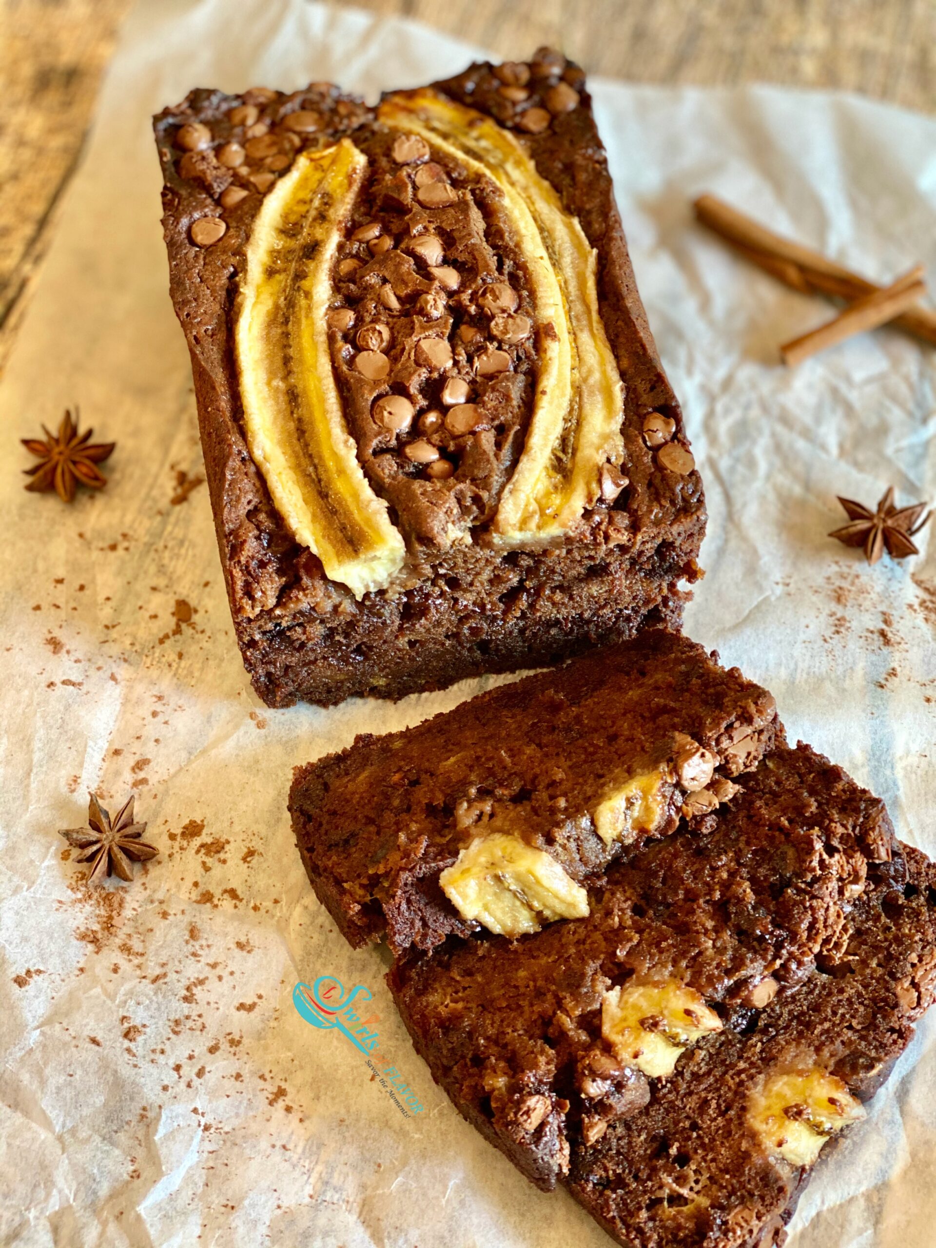 loaf of chocolate banana bread with three slices