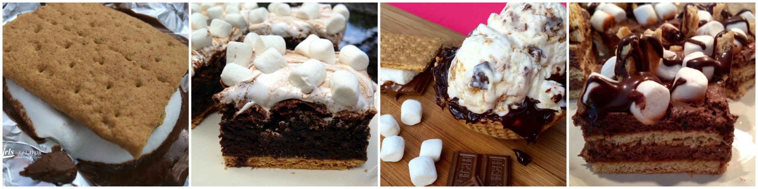 Left to right: Grilled Smores; Smores brownies; Smores ice cream; Smores pudding bars