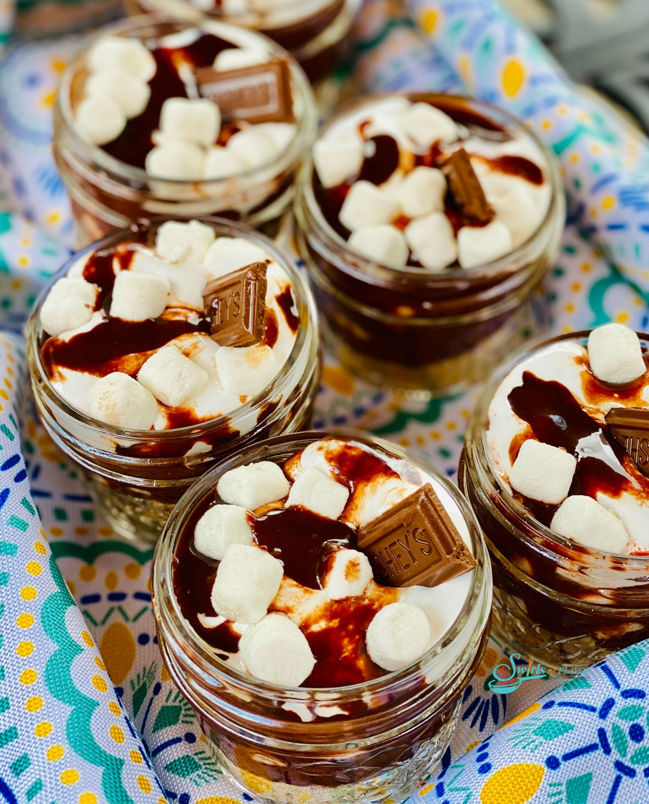 Overhead photo of mini mason jars of S'mores pudding