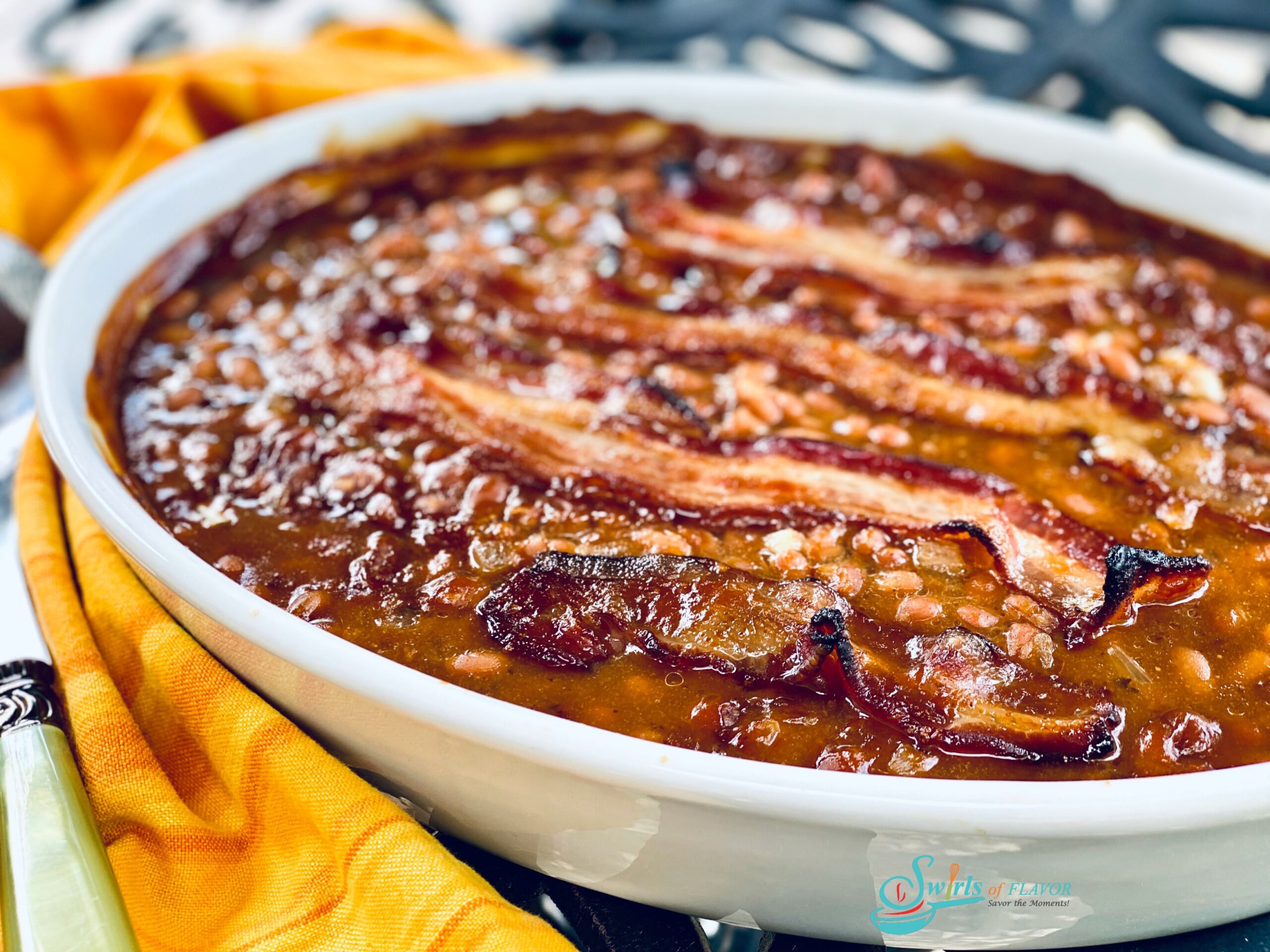 baked beans with bacon in baking dish