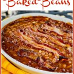 Salsa Baked beans and bacon with text overlay