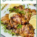 grilled chicken with lemons, oregano and text overlay