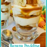 parfait glass of layered banana pudding with text overlay