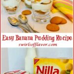 banana pudding in glasses and photo of ingredients with text overlay