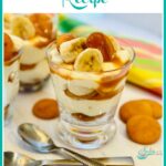 layered cookies, bananas and pudding with spoons and text overlay