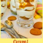 caramel sauce drizzled over layered banana pudding made from pudding mix and text overlay