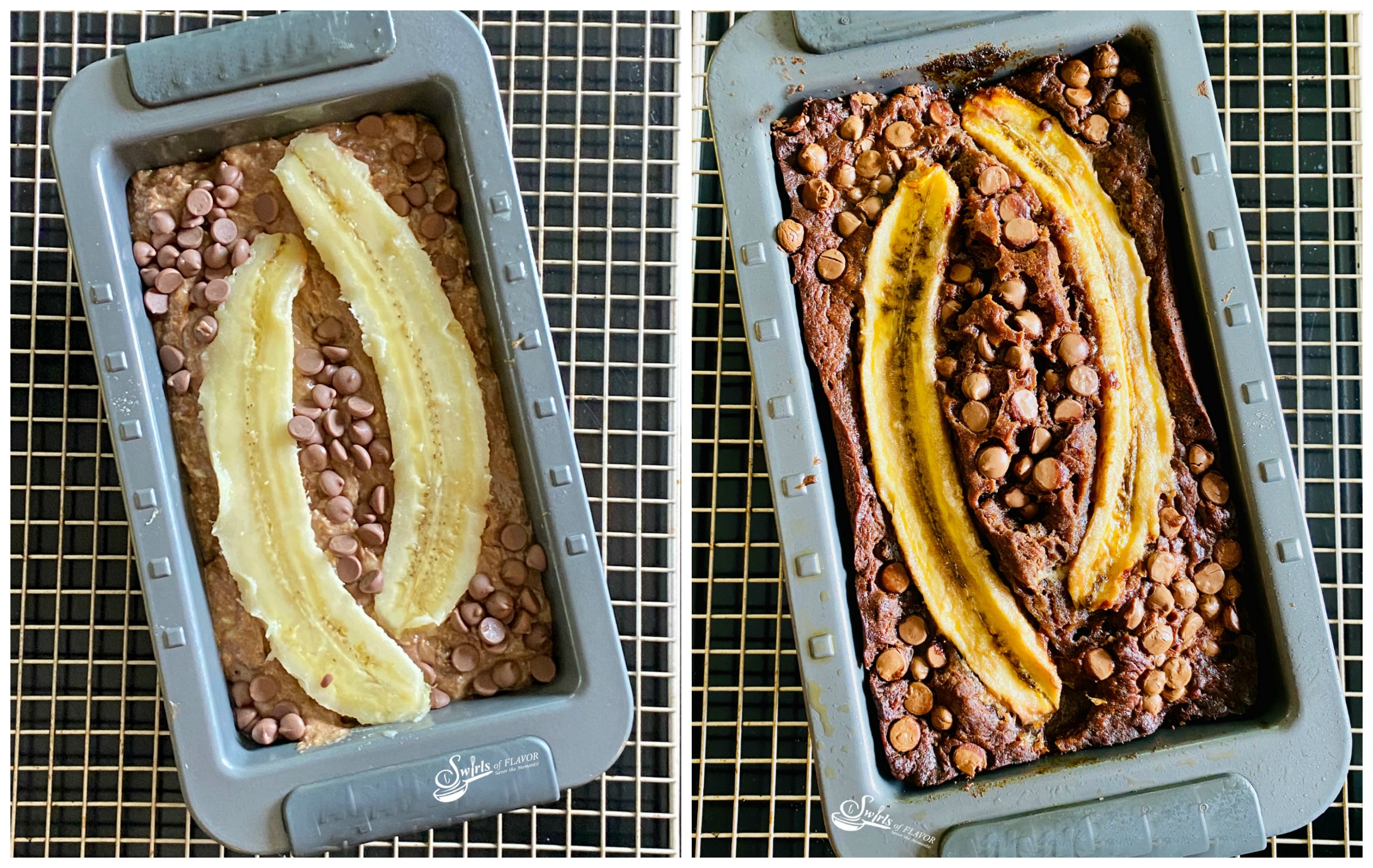 Left to Right: Chocolate banana bread before baking and after baking