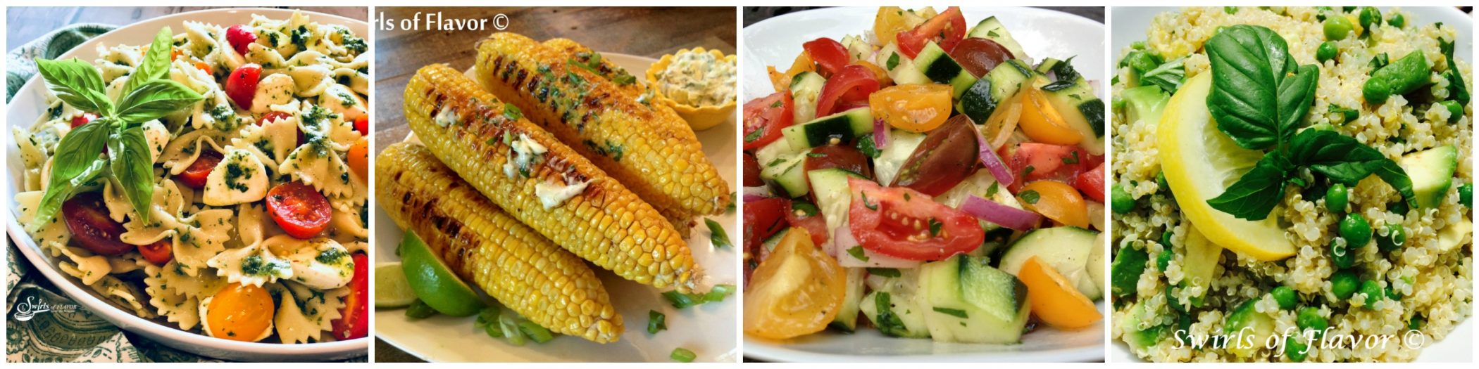 Left to Right: Pasta Salad; Grilled Corn; Cucumber Salad; Quinoa Salad