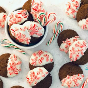 white chocolate dipped chocolate cookies with candy canes