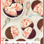 white chocolate with crushed candy canes on chocolate cookies with text overlay