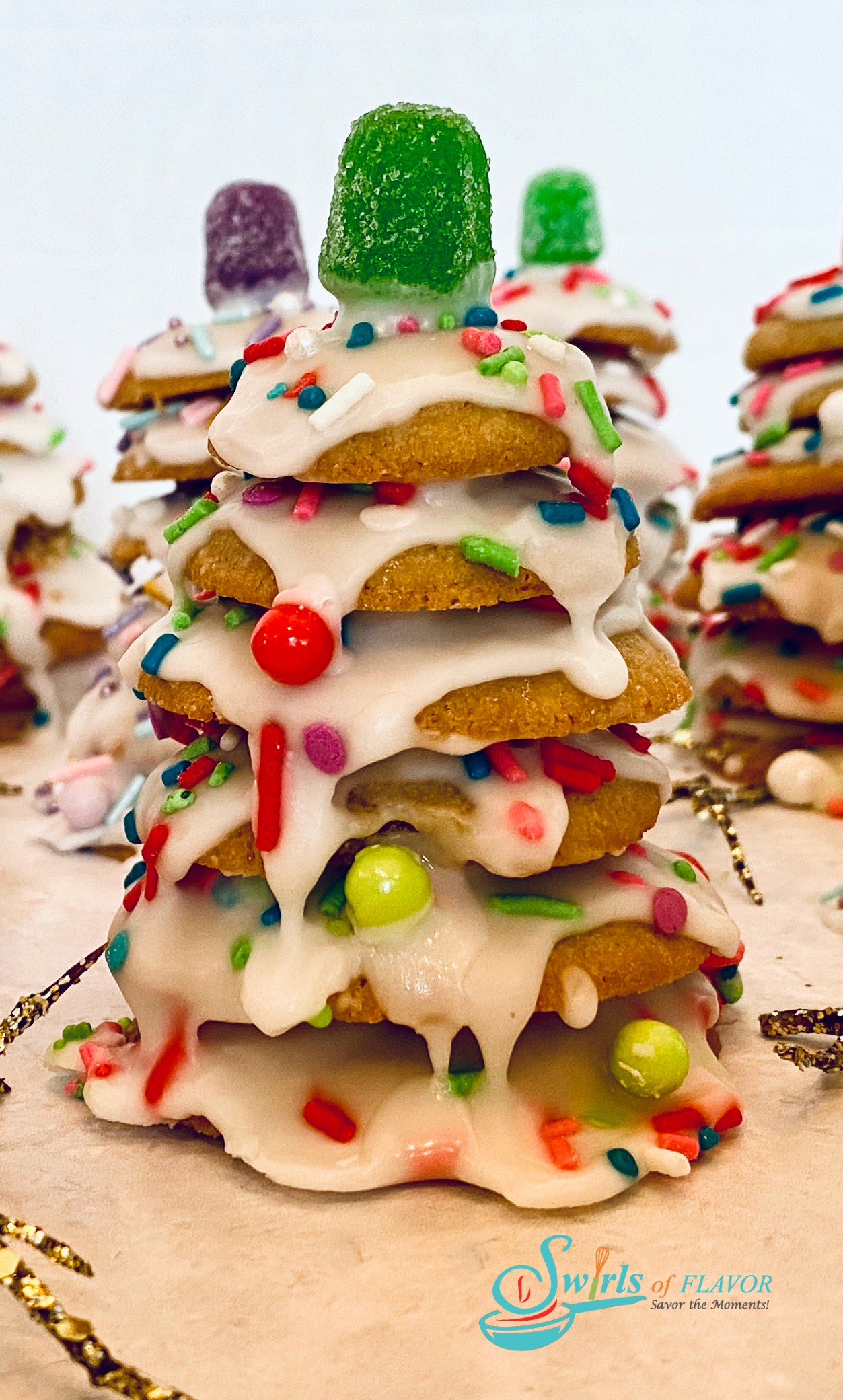 one stacked cookie Christmas tree with red and green sprinkles
