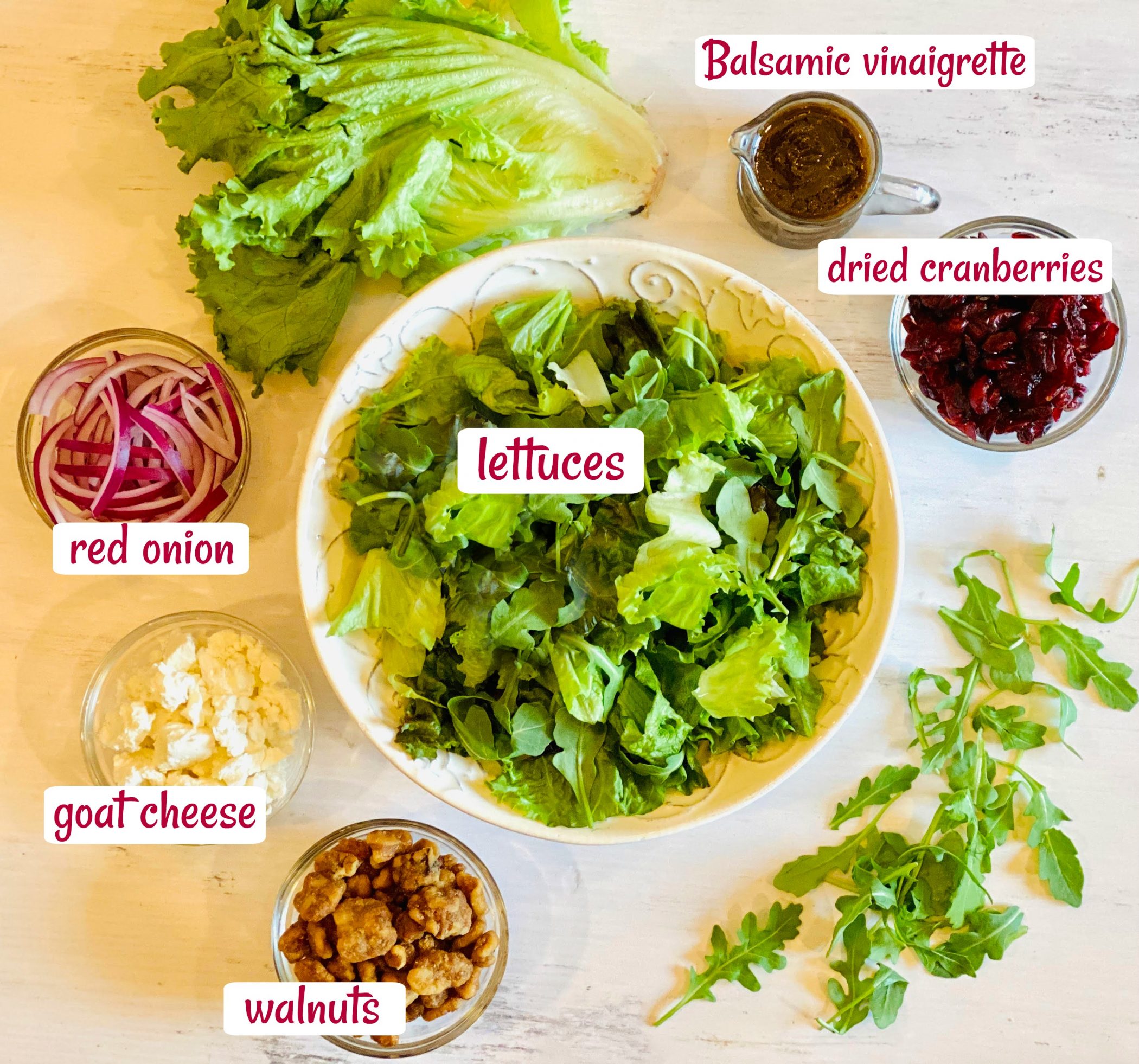 ingredients in cranberry walnut salad with text overlay 