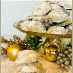 pecan cookies with confectioners' sugar, holiday ornaments and text overlay