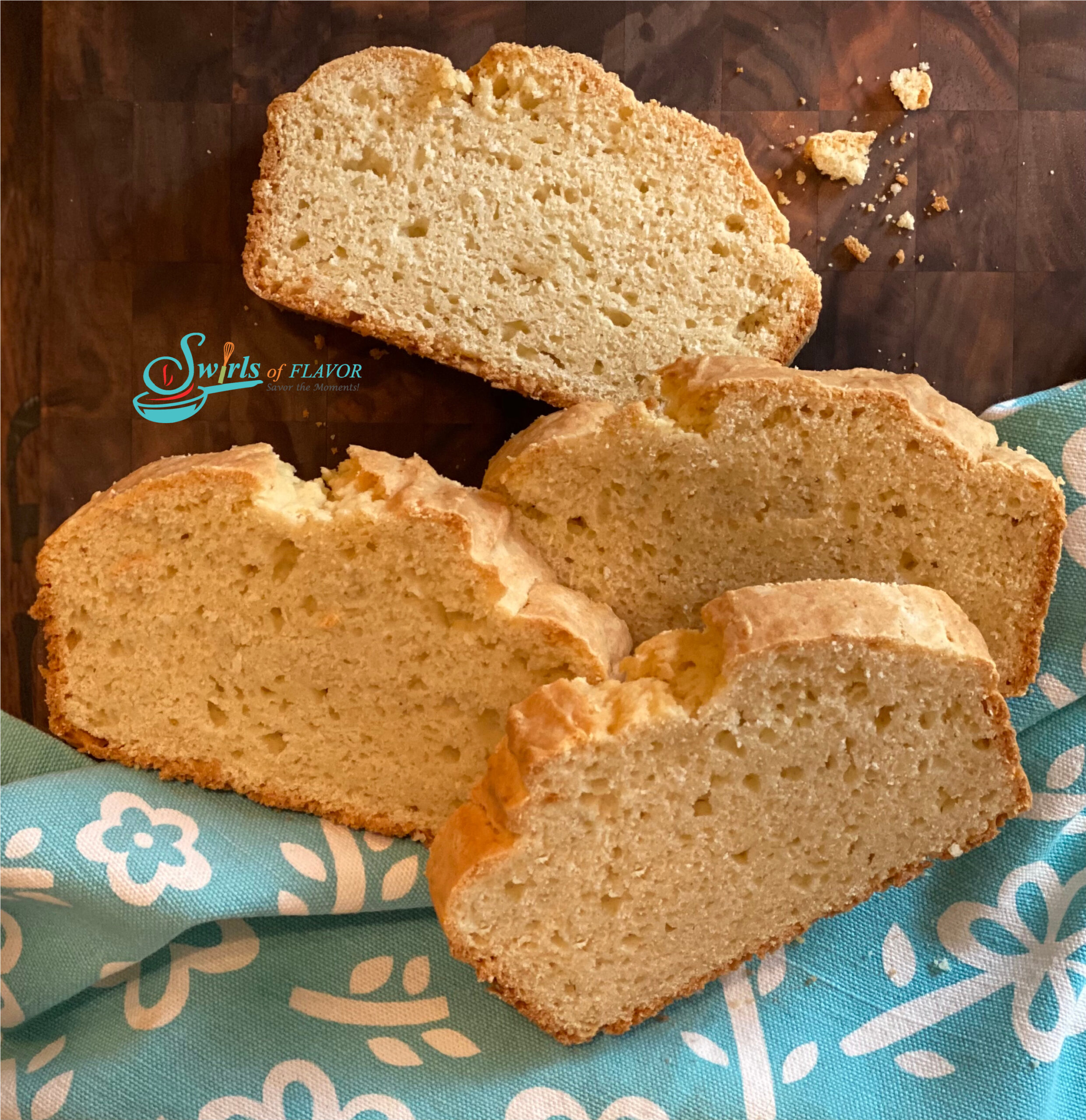 slices of easy homemade bread with blue napkin