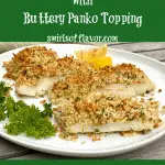baked cod on a platter with panko topping and text overlay
