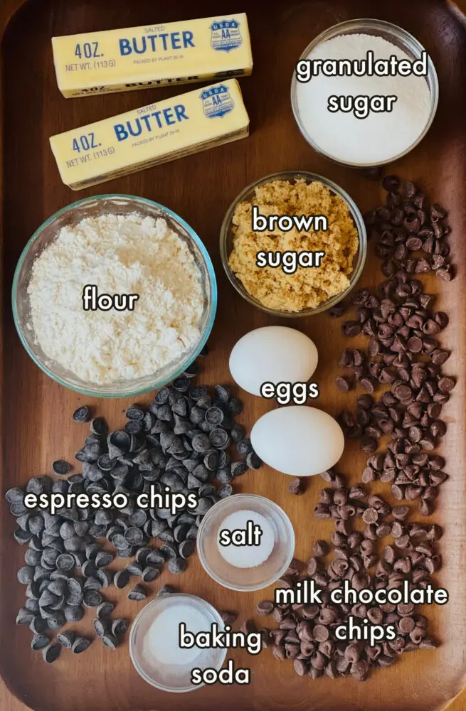 The ingredients needed to make brown butter chocolate chip cookies