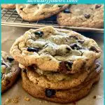 stack of brown butter cookies with chocolate chips and text overlay