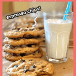 brown butter cookies with espresso chips and glass of milk with straw and text overlay